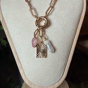Gold-Link Charm Necklace with Pink Stone and Pearl Accent